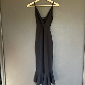 PrettyLittleThing Black Strappy Tie Waist Fishtail Ruffle MIDI dress